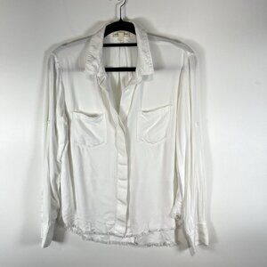 Anthropologie Cloth And Stone Top Womens Medium Fringe Hi Low Hem Button Up Blue